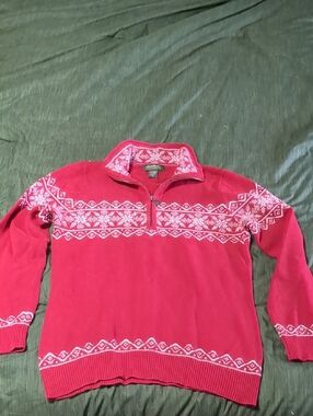 Eddie Bauer Women's Large Tall Red and White Fair Isle Sweater